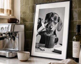 Dachshund Yawning Coffee Print, Funny Dog Café Art (Digital Download)