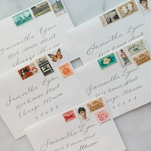 Custom Calligraphy A7 Envelope Addressing with Vintage Stamps (for Wedding Invitations, Announcements, Birthdays, Styled Flatlays and more)