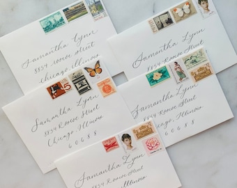 Custom Calligraphy A7 Envelope Addressing with Vintage Stamps (for Wedding Invitations, Elopements, Birthdays, Styled Flatlays)