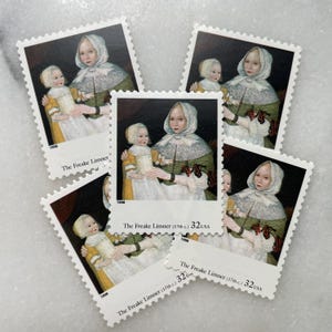 Sellos coloniales holandeses antiguos sin usar de madre y bebé / Arte de Freake Limner Franqueo de USPS / 32 centavos de dólar estadounidense