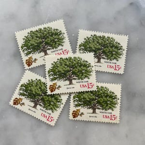 Sellos antiguos de árboles americanos sin usar / Franqueo de USPS de roble blanco y verde / 15 centavos de dólar estadounidense