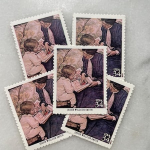 Sellos antiguos sin usar de madre e hijo leyendo / La primera lección Franqueo de USPS / 34 centavos de dólar estadounidense