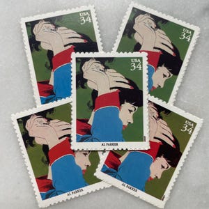 Sellos antiguos sin usar de "Mujer acercándose a su cabello" / Franqueo de USPS azul y verde / 34 centavos de dólar estadounidense