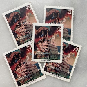 Sellos antiguos sin usar de Dean Cornwell, Ohio Riverboat / Franqueo azul y rojo de USPS / 34 centavos de dólar estadounidense