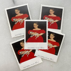 Sellos vintage sin usar de niña con vestido rojo y gato / Pintura de arte popular Franqueo de USPS / 32 centavos de dólar estadounidense