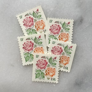 Sellos antiguos sin usar de rosas de jardín / Rosas naranjas y rosadas Franqueo de USPS / 15 centavos de dólar estadounidense