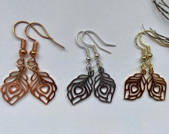 Peacock feather earrings, Dangle earrings, Rose gold earrings, Cute jewellery, Statement jewellery