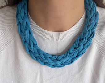 Petrol Blue Recycled T-Shirt Yarn Necklace or Headband, Knitted Boho Accessory, Bright Blue Fabric Jewelry