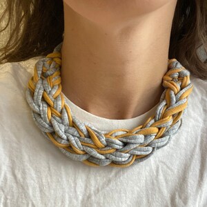 T-shirt yarn necklace, Mustard and grey jewellery, Knitted jewellery, Fabric necklace, Boho accessories, Eco-friendly gift, Chunky style