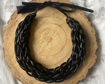 Faux leather black metallic  necklace. Woven, statement accessories and headband