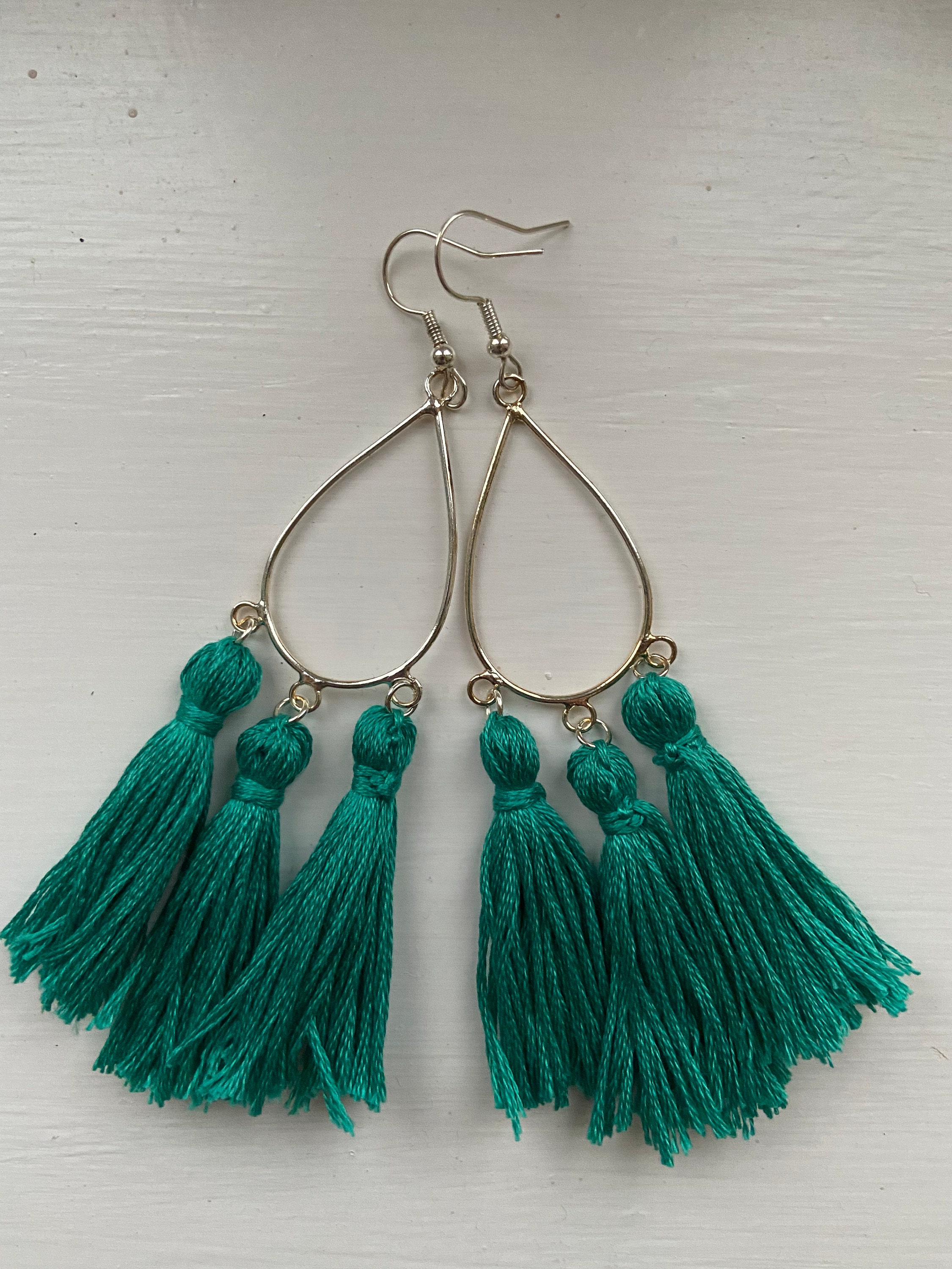Teal tassel earrings silver tear drop earrings boho tassel | Etsy
