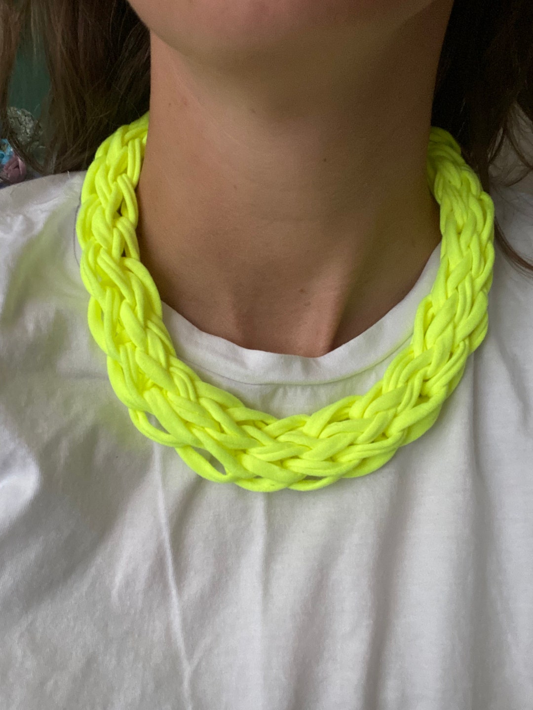 Neon Yellow Tshirt Yarn Necklace Chunky Necklace Statement Etsy