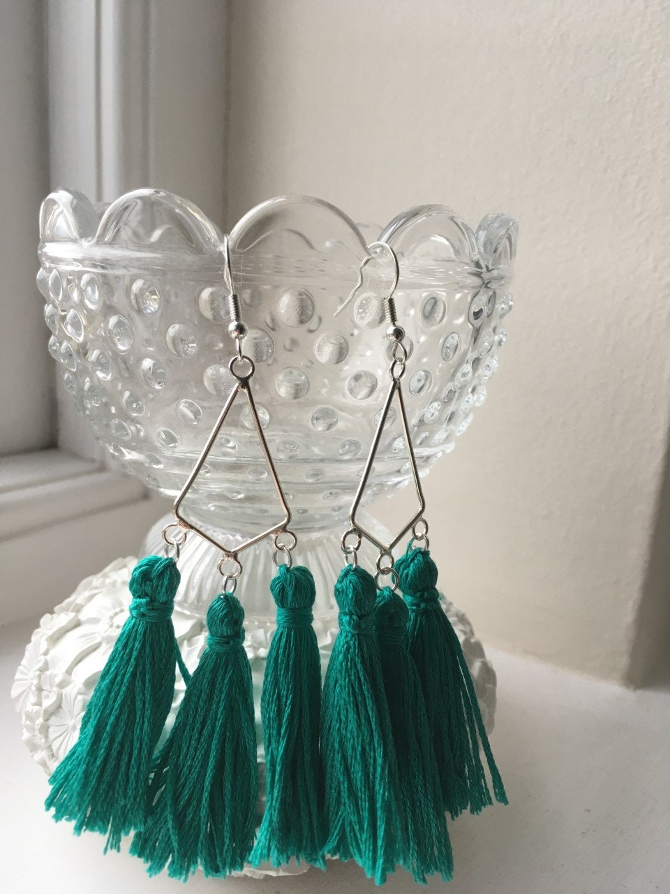 Teal tassel earrings silver tear drop earrings boho tassel | Etsy