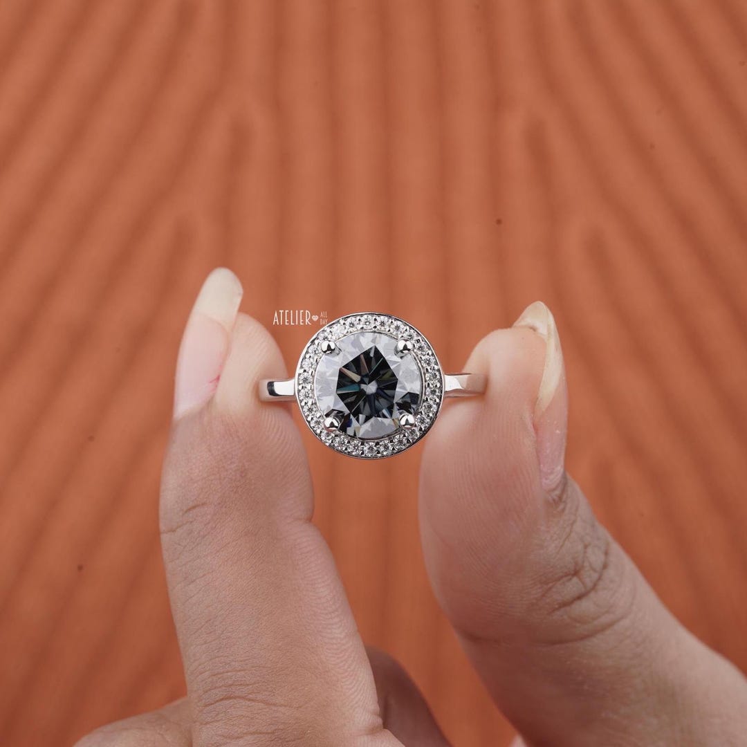 Stunning Dark Grey Moissanite Diamond Ring 2.20CTW Round Cut Diamond ...