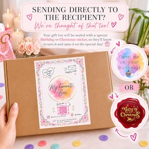 Pode incluir: Uma caixa de presente de papel&atilde;o marrom com um r&oacute;tulo retangular de bordas florais, um c&iacute;rculo de aquarela rosa, o texto My Favourite Box, um c&oacute;digo QR e &iacute;cones de redes sociais. Inclui adesivos circulares para anivers&aacute;rio ou Natal.