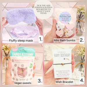 Pode incluir: Uma colagem de quatro partes com uma m&aacute;scara de dormir de pel&uacute;cia lavanda, um saco transparente com quatro mini bombas de banho em forma de cora&ccedil;&atilde;o rotuladas Birthday Cake, doces veganos Candy Kittens e uma pulseira de desejos.