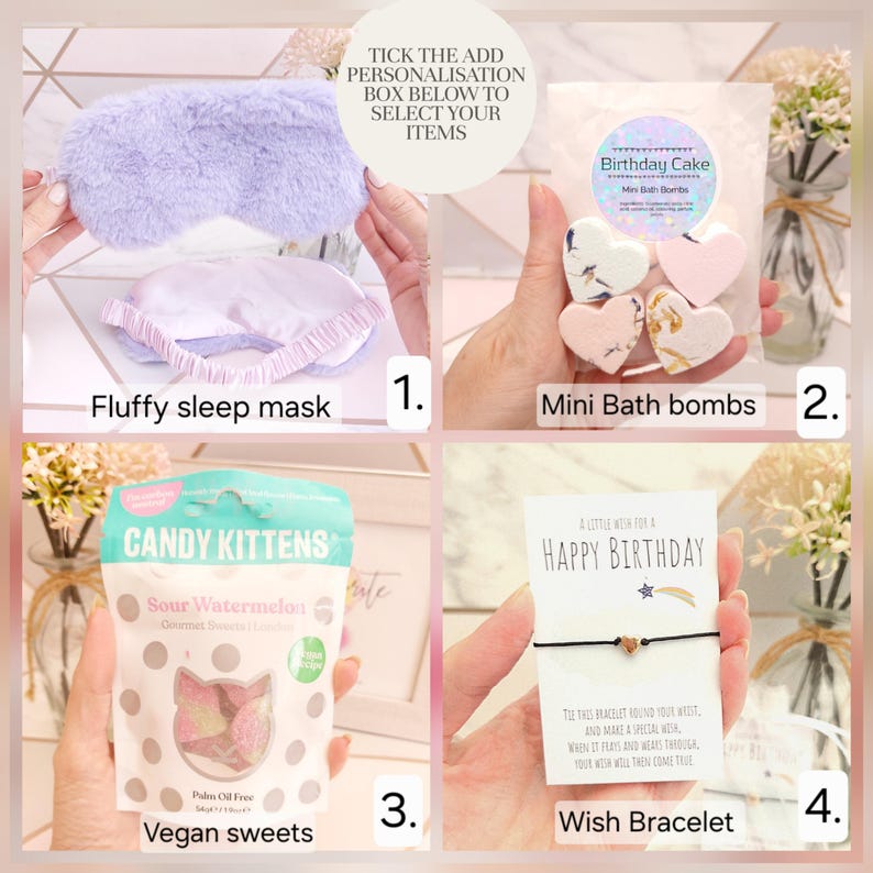 Pode incluir: Uma colagem de quatro partes com uma m&aacute;scara de dormir de pel&uacute;cia lavanda, um saco transparente com quatro mini bombas de banho em forma de cora&ccedil;&atilde;o rotuladas Birthday Cake, doces veganos Candy Kittens e uma pulseira de desejos.
