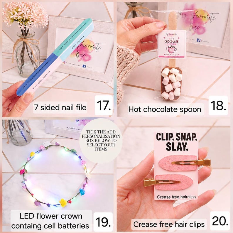 Pode incluir: Uma cole&ccedil;&atilde;o de quatro itens: uma lixa de unhas de sete lados, uma colher de chocolate quente com marshmallows, uma coroa de flores LED e dois grampos de cabelo rosa sem vincos num cart&atilde;o com CLIP. SNAP. SLAY. Numerados de 17 a 20.