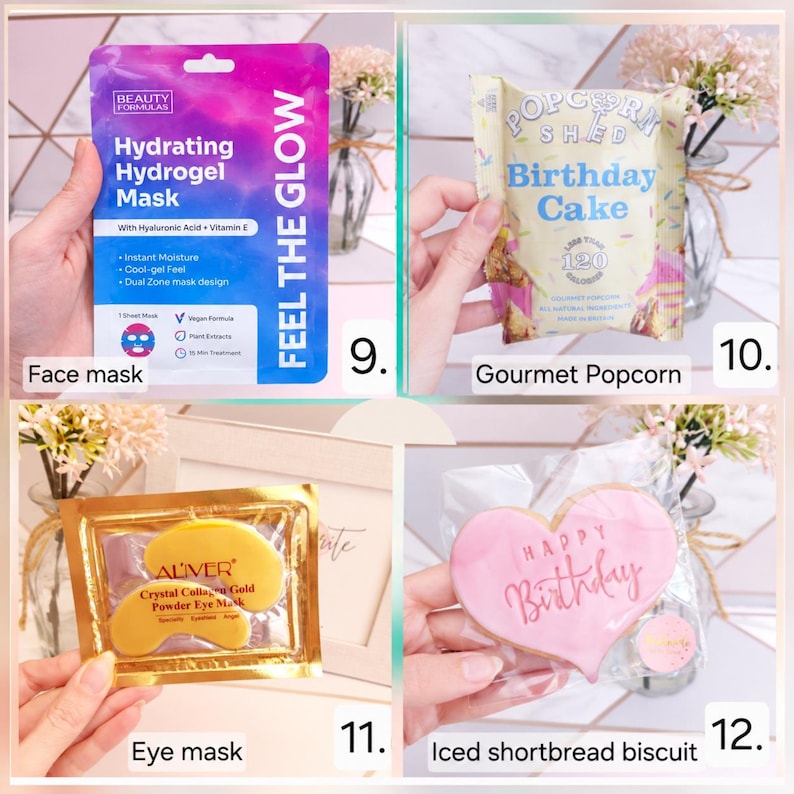 Pode incluir: Uma colagem de quatro itens: uma m&aacute;scara de hidrogel hidratante Beauty Formulas azul e roxa, um saco de pipocas Popcorn Shed Birthday Cake, uma m&aacute;scara de olhos dourada Aliver e uma bolacha glac&ecirc; em forma de cora&ccedil;&atilde;o.