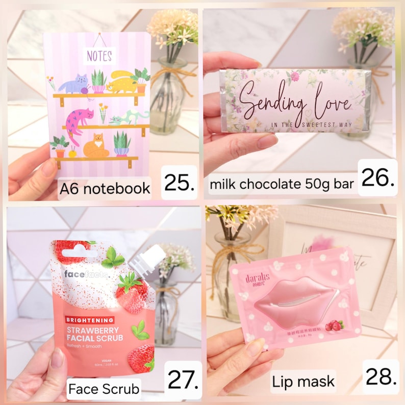 Pode incluir: Uma cole&ccedil;&atilde;o de quatro itens: um caderno A6 com ilustra&ccedil;&otilde;es de gatos e plantas, uma barra de chocolate ao leite de 50g com o r&oacute;tulo 'Sending love', um sach&ecirc; de esfoliante facial de morango e uma m&aacute;scara labial rosa.