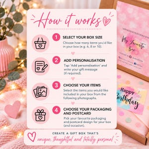Pode incluir: Um cart&atilde;o informativo rosa claro intitulado How it works com quatro passos numerados: 1 Select your box size, 2 Add personalisation, 3 Choose your items e 4 Choose your packaging and postcard, com &iacute;cones de cesta, papel, fotos e um presente.