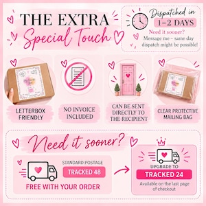 Pode incluir: Um gr&aacute;fico informativo com fundo rosa e o texto THE EXTRA SPECIAL TOUCH. Exibe &iacute;cones de uma caixa de papel&atilde;o, um s&iacute;mbolo de sem fatura, uma porta rosa e um saco de envio transparente, al&eacute;m de detalhes sobre a entrega.
