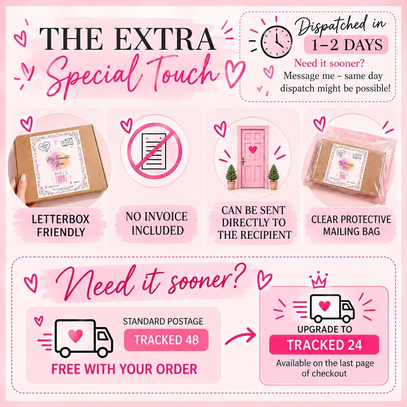 Pode incluir: Um gr&aacute;fico informativo com fundo rosa e o texto THE EXTRA SPECIAL TOUCH. Exibe &iacute;cones de uma caixa de papel&atilde;o, um s&iacute;mbolo de sem fatura, uma porta rosa e um saco de envio transparente, al&eacute;m de detalhes sobre a entrega.