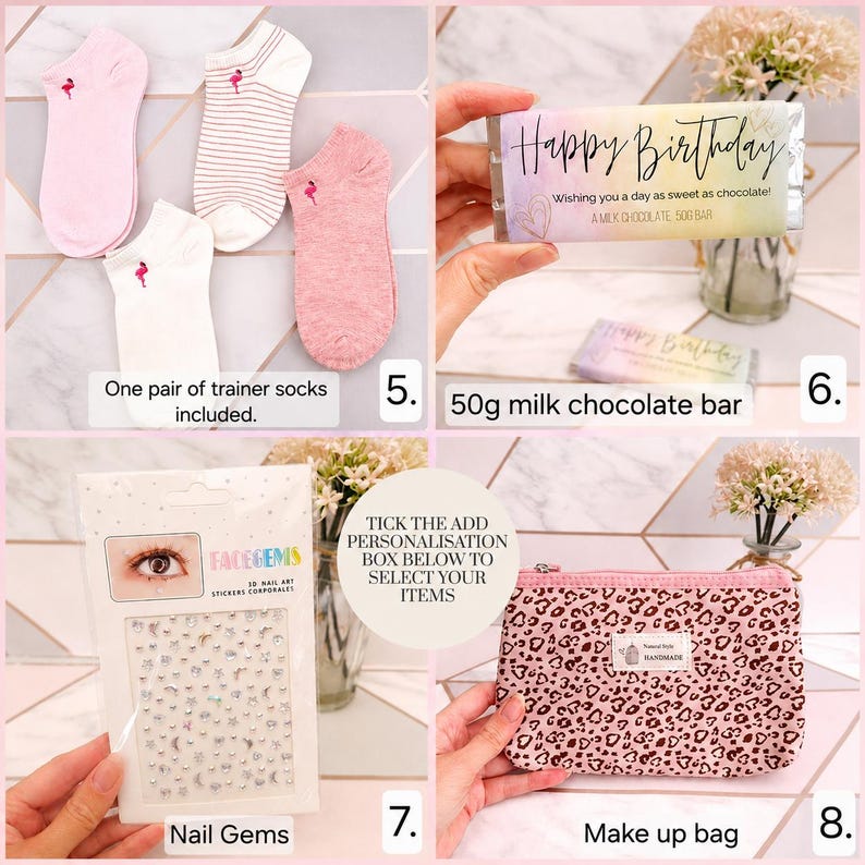 Pode incluir: Uma cole&ccedil;&atilde;o de itens incluindo quatro pares de meias curtas com bordado de flamingo, uma barra de chocolate ao leite de 50g com o texto Happy Birthday, uma folha de gemas para rosto e unhas e uma n&eacute;cessaire rosa com estampa de leopardo e z&iacute;per.