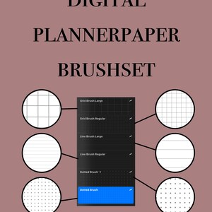 Puede incluir: Un conjunto de pinceles digitales para papel de planificador para Procreate. El conjunto de pinceles incluye pinceles de cuadrícula, línea y punteados en varios tamaños. El conjunto de pinceles se muestra sobre un fondo negro con un resaltado azul en la opción "Pincel punteado".