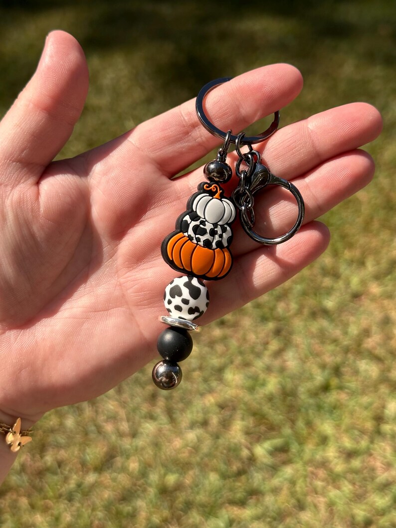 Beaded Fall Keychains, Pumpkin, Flower, Floral Ghost, Metal Keychain