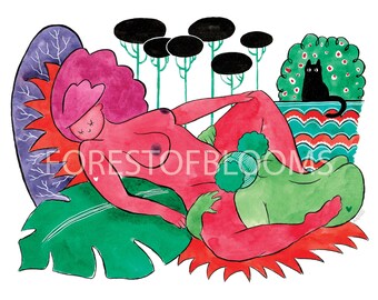 Dos flores un gato A4 & A5 impresiones de arte en papel de archivo * Ilustración * Arte de pared * Decoración *