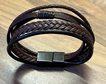 Men's Leather Multi-Strand Bracelet/Wristband With Metal Magnetic Clasp