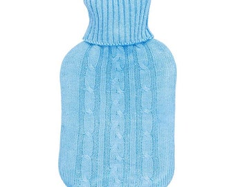 Full Size Hot Water Bottle With Baby Blue Cable Knitted 'Jumper'