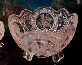 HOFBAUER COLLECTION over 24 % Lead Crystal Footed Bowl. Crystal cut bird/leaf pattern. Made in Germany. Vintage.