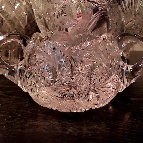 UNIQUE DOUBLE PINWHEEL Front and Back, 24% Lead Crystal Clear Sugar Dish. Hand Cut. Double handle, Collectors Item Early 1900's Antique.
