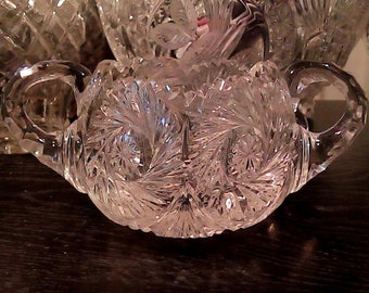 UNIQUE DOUBLE PINWHEEL Front and Back, 24% Lead Crystal Clear Sugar Dish. Hand Cut. Double handle, Collectors Item Early 1900's Antique.