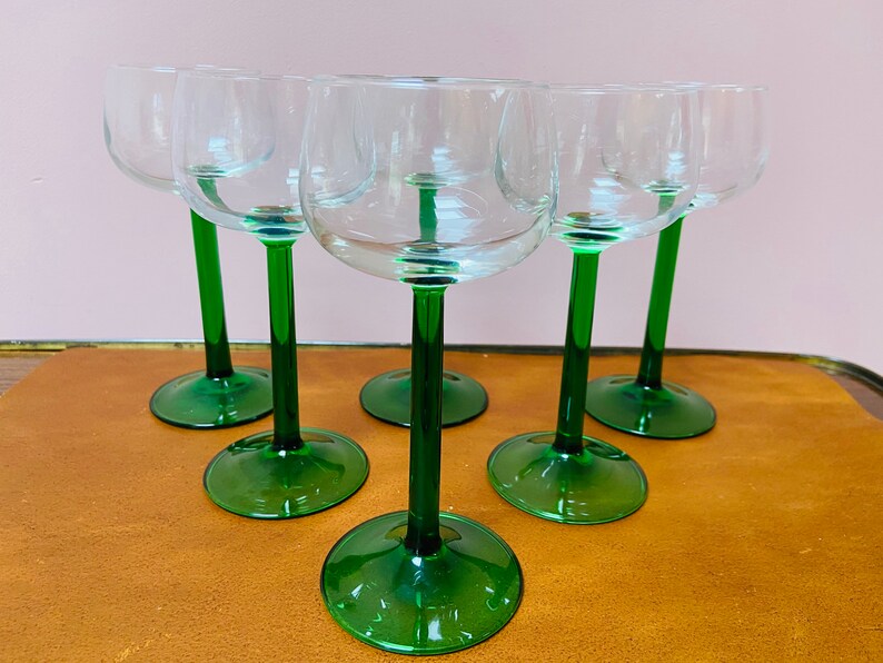 Set of 6 vintage french green stemmed wine glasses Etsy