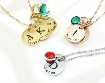 Initial Date Disc Birthstone Necklace