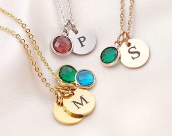 Personalised Mini Initial & Birthstone Necklace, Dainty Initial Necklace, Birth Month, Initial Birthstone Necklace, 2 Initial Necklace