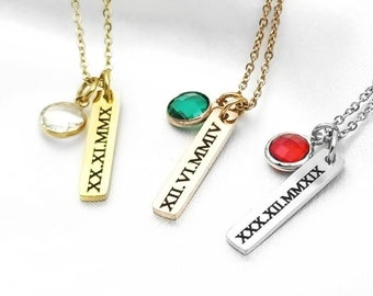 Roman Numerals Bar & Birthstone Necklace