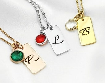 Script Initial Birthstone Plate Necklace
