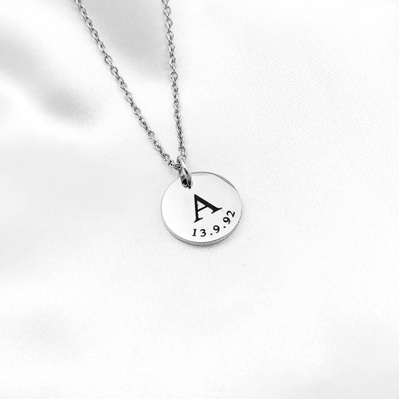 Initial and Date Necklace, Double Initial Disc Necklace, Initial