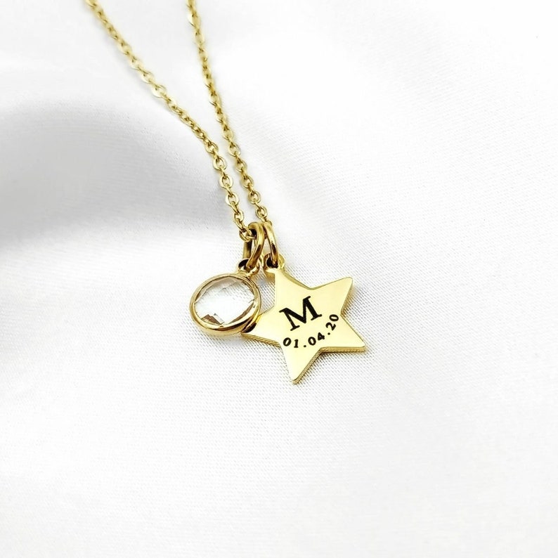 Initial Date Birthstone Star Necklace image 1