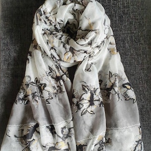 Black Flowers on White Scarf, Long Scarf, Floral Print Scarf, Women’s Scarf, Gift for Her