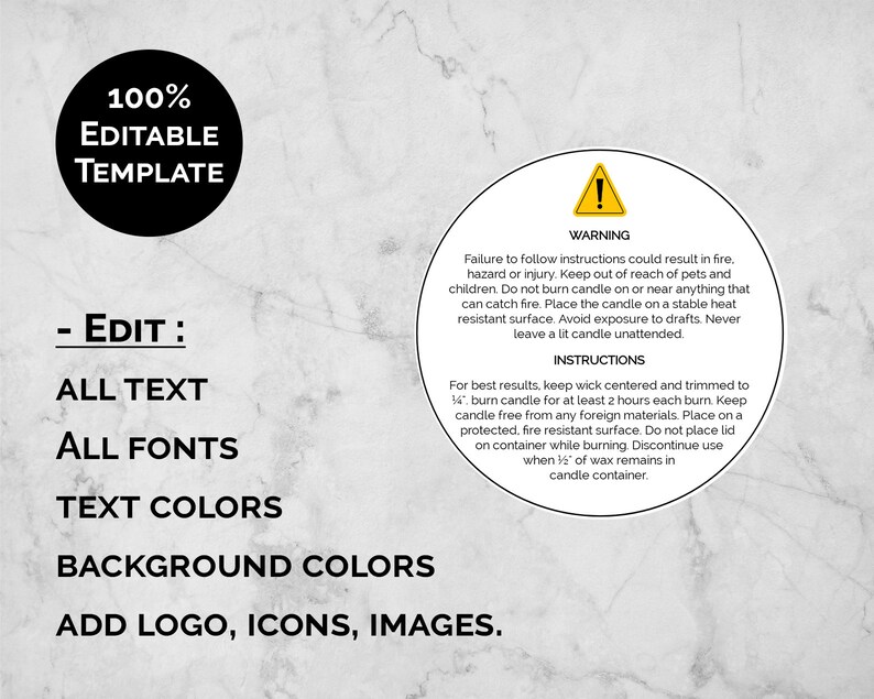 warning instructions candle label template diy editable etsy
