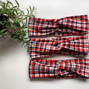Red, White, and Navy Plaid Turban Twist Headband - One Size Fits Most - Twist Headband For Women - Thick Headband - Boho Headband
