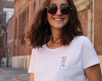 T-shirt in cotone ricamata a mano con fiori - Marie