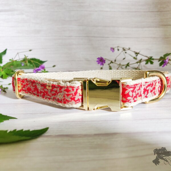 Red Floral // Handmade Eco-friendly Upcycled Recycled Fabric and Hemp Dog Collar // Limited Edition