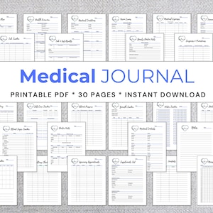 Puede incluir: Un conjunto de páginas imprimibles de diario médico con un diseño de corazón y líneas. El título "Medical Journal" está en azul, con el texto "Printable PDF * 30 Pages * Instant Download" debajo. Páginas para el seguimiento de la salud.