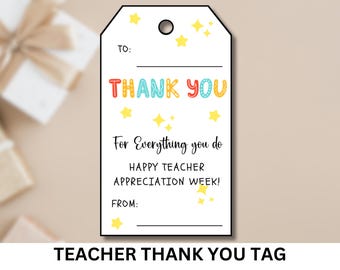 Teacher Thank You Tag, Teacher Appreciation, Printable Thank You Gift Tags, Gift for Teacher, Printable Thank you Tag for Gift